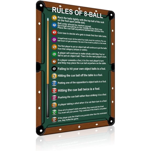 Billiards Rules Metal Tin Sign 8 Ball Pool Room Wall Decor for Game Room Coffee Shop Man Cave Club 8 x 12 Inch