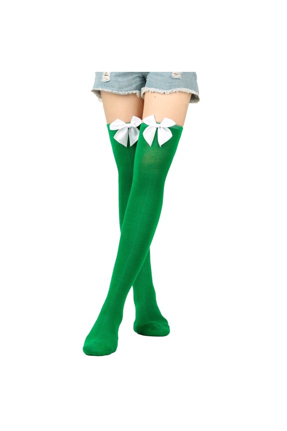 Socks for Women, Thigh High Socks, Womens Long Socks Bowknot Pure Color Socks Over The Knee Socks Festival Christmas, Green