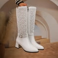 thumbnail image 6 of Women's Breathable Knee High Boots Pointed Toe Chunky Heel Wide Calf Booties Fashion Hollow Out Riding Boots White Size 7, 6 of 8