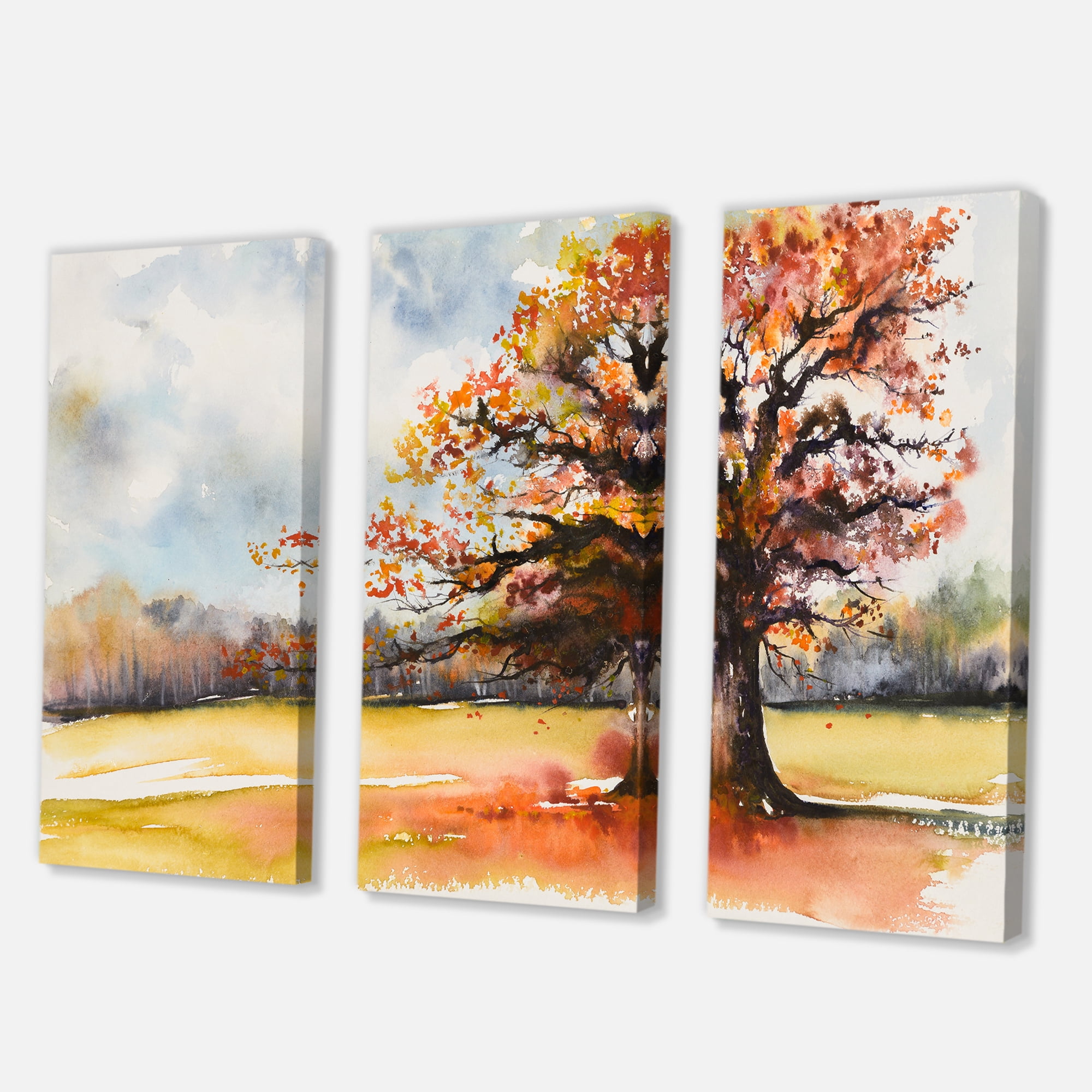 Designart ' Lone Oak Tree In The Fields With Autum Leaves ' Traditional Canvas Wall Art Print