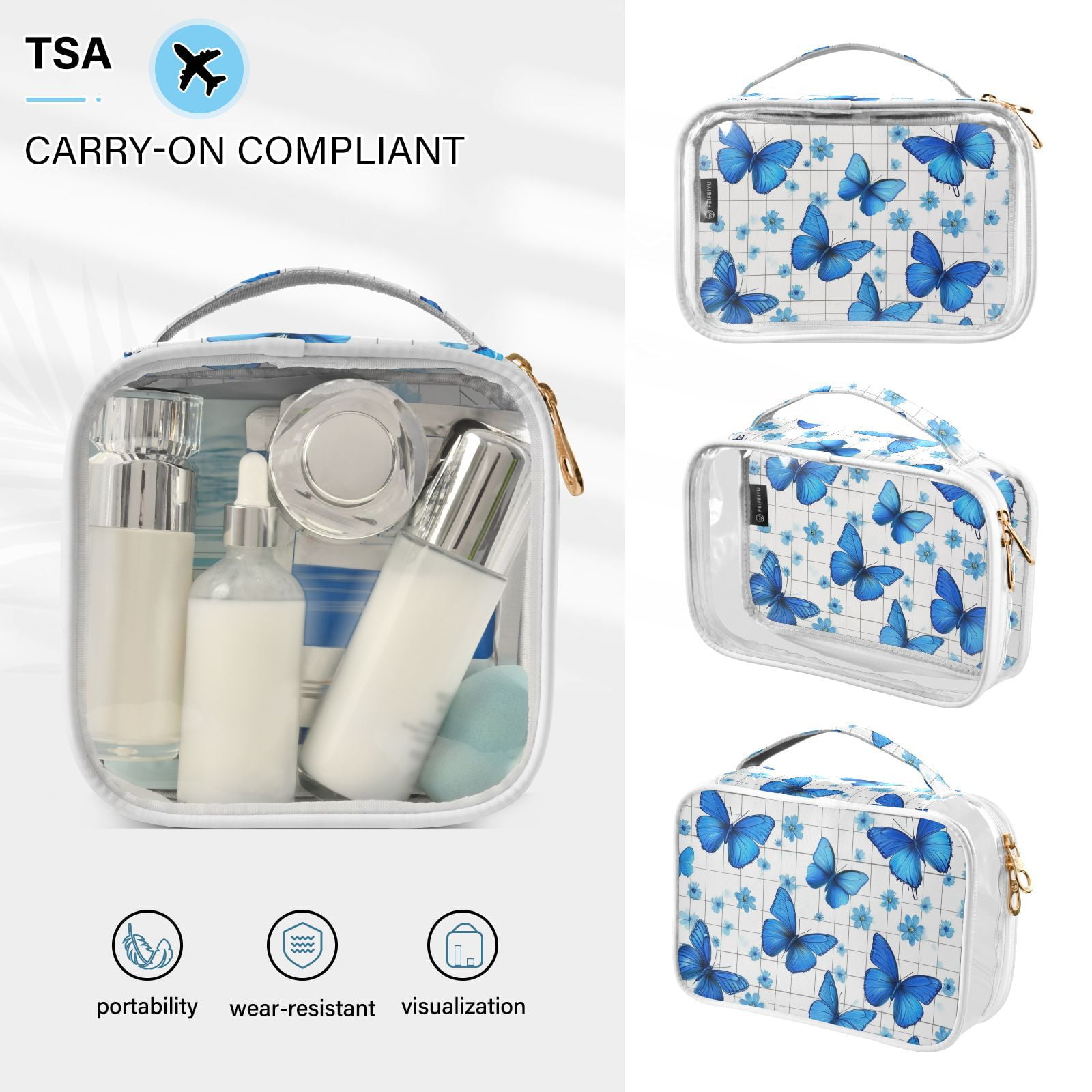 Clear Makeup Bags with Handle Large Opening 2 Pack Set Toiletry Bag Quart Size Bag, for Women Man Traveling Travel Essentials, Toiletries and Other. Blue Butterfly Flower