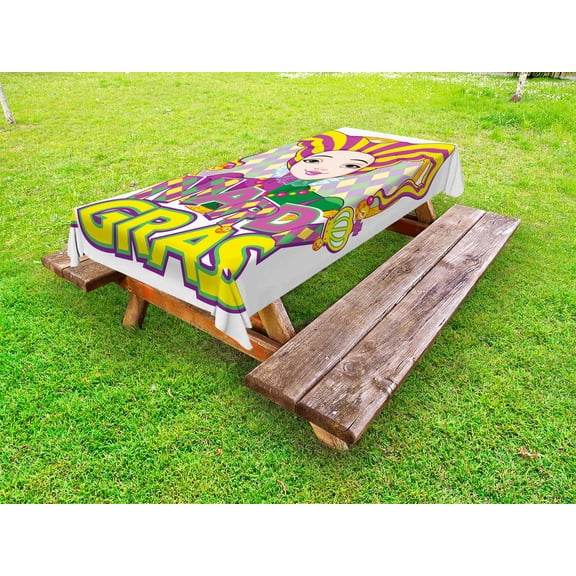 Mardi Gras Outdoor Tablecloth, Carnival Girl in Harlequin Costume and Hat Cartoon Fat Tuesday Theme, Decorative Washable Fabric Picnic Tablecloth, 58 X 104 Inches, Yellow Purple Green, by Ambesonne