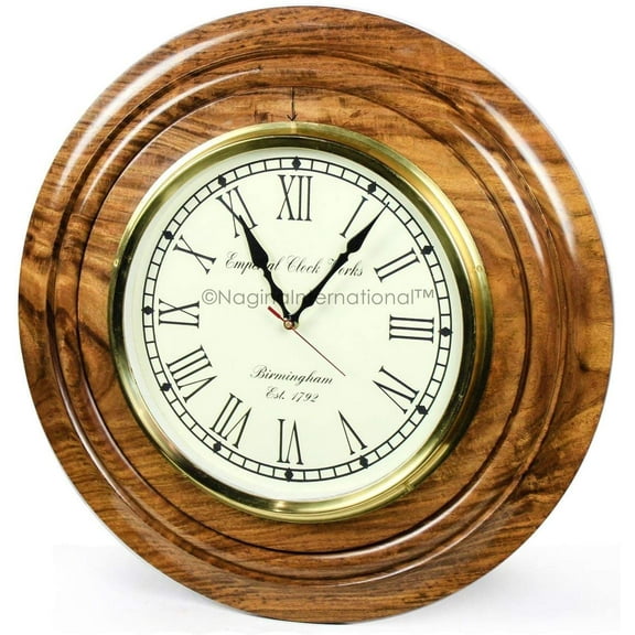 Nagina International Nautical Brass Time's Wall Clock with Roman Numerals On Rosewood Premium Base | Hand Crafted Gifts & Decor (12 Inches)