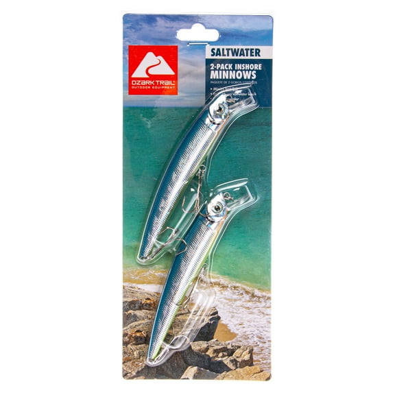 Ozark Trails Hard Plastic Saltwater Inshore Minnow Lures, 2-Pack. In Fish Attracting Colors.