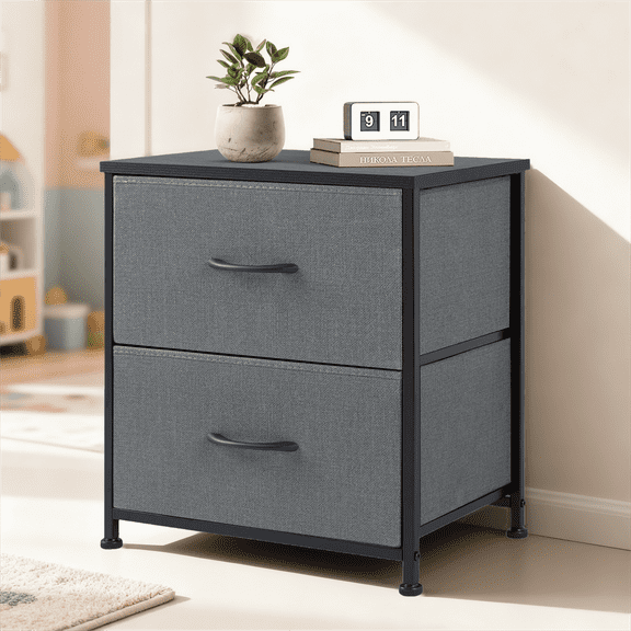 ROSVOVO Nightstand with 2 Storage Drawers, 20" Height End Table Small Bed Side Furniture, Wooden Top Fabric Cabinet Kids Night Stand Mini Dresser for Bedroom, Closet, Entryway, College Dorm