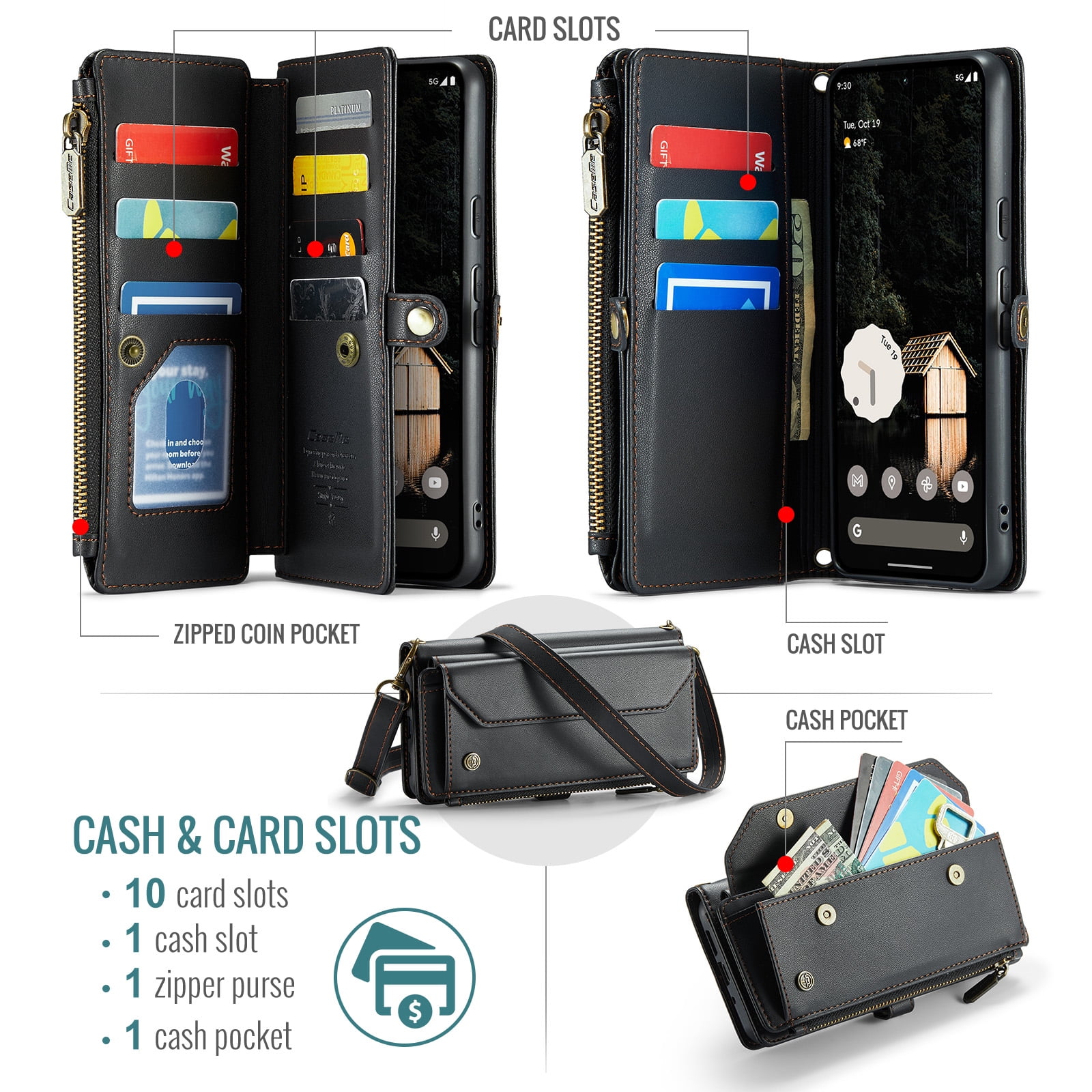 for Google Pixel 10 / 10 Pro Full Body Protection Wallet Folio Flip Case, Shoulder Strap & Wristlet Card Slots Zipper Pocket RFID Blocking Rugged Durable PU Leather Phone Case Cover, Black