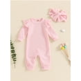 thumbnail image 2 of FEORJGP Toddler Baby Girl Waffle Rompers 0 3M 6M 12M 18M Infant One-piece Jumpsuits Solid Color Ruffled Long Sleeves Bodysuits Round Neck Playsuits Fuute Causal Basic Clothes for Spring Fall, 2 of 7