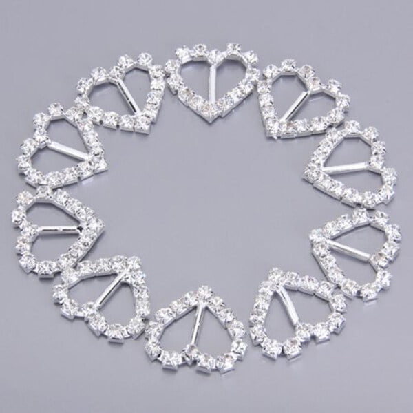 10pcs Heart Shaped Rhinestone Studded Ribbon Buckle Sliders for