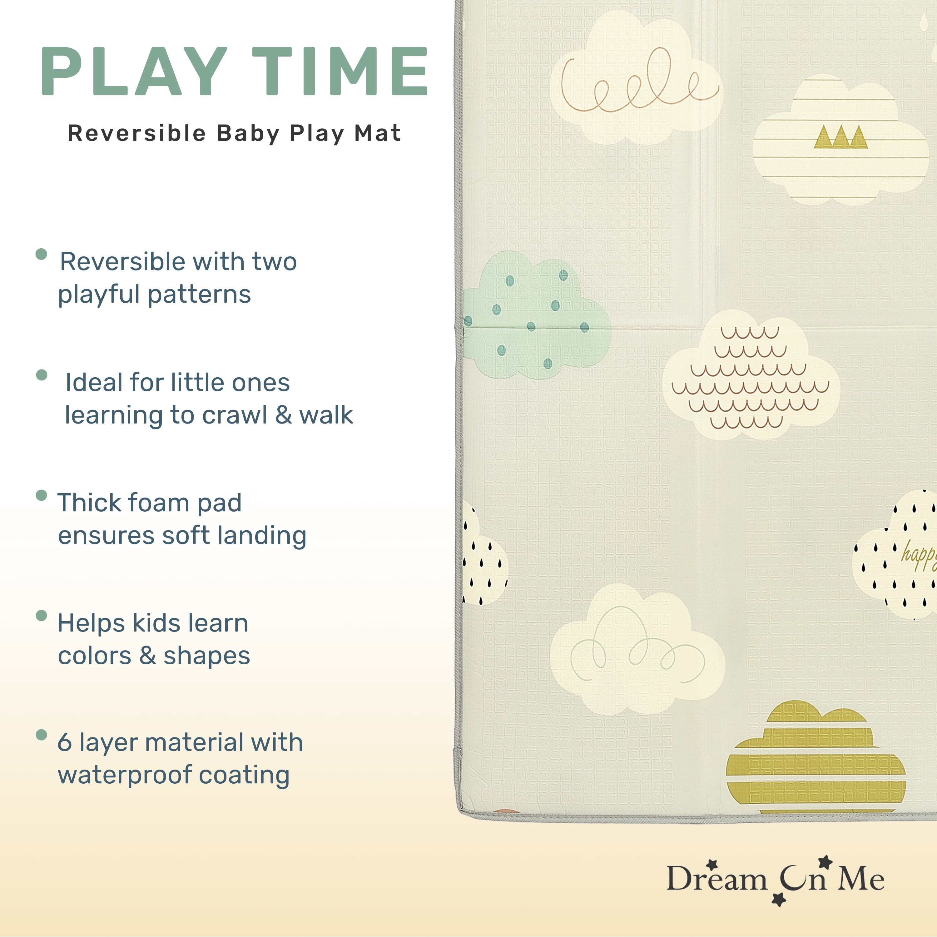 Dream On Me Play Time Reversible Baby Play Mat Foldable Extra Large Thick Foam Crawling Playmats for Toddlers Waterproof Portable Playmat Yoga/Picnic/Game Mat Indoor/Outdoor, Cloud and Jungle Bear