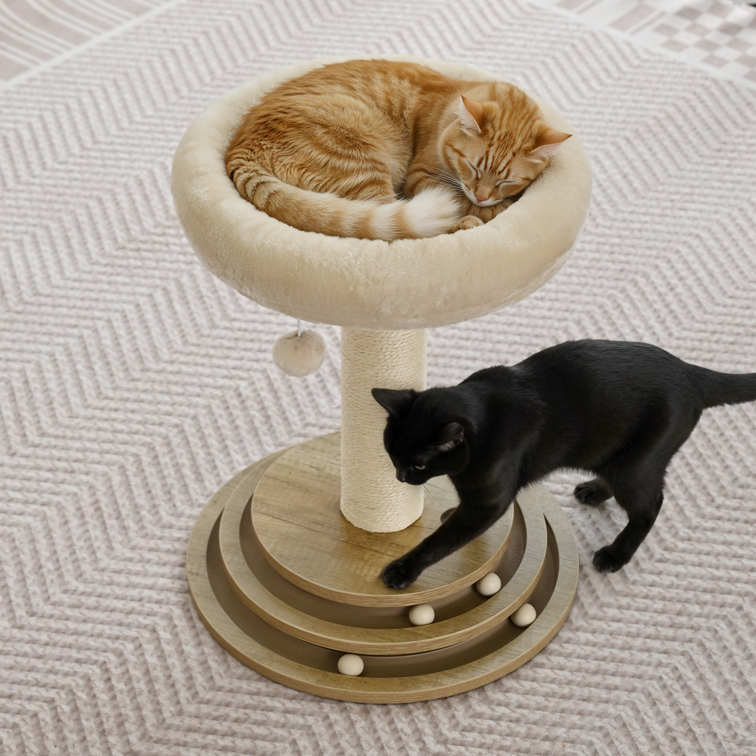 Vibrant Life Cat Scratching Post with 2-Level Track Ball, Beige
