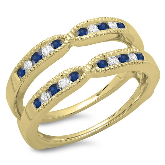 Dazzlingrock Collection 14K Round Blue Sapphire & White Diamond Ladies Millgrain Wedding Band Guard Ring, Yellow Gold, Size 7.5
