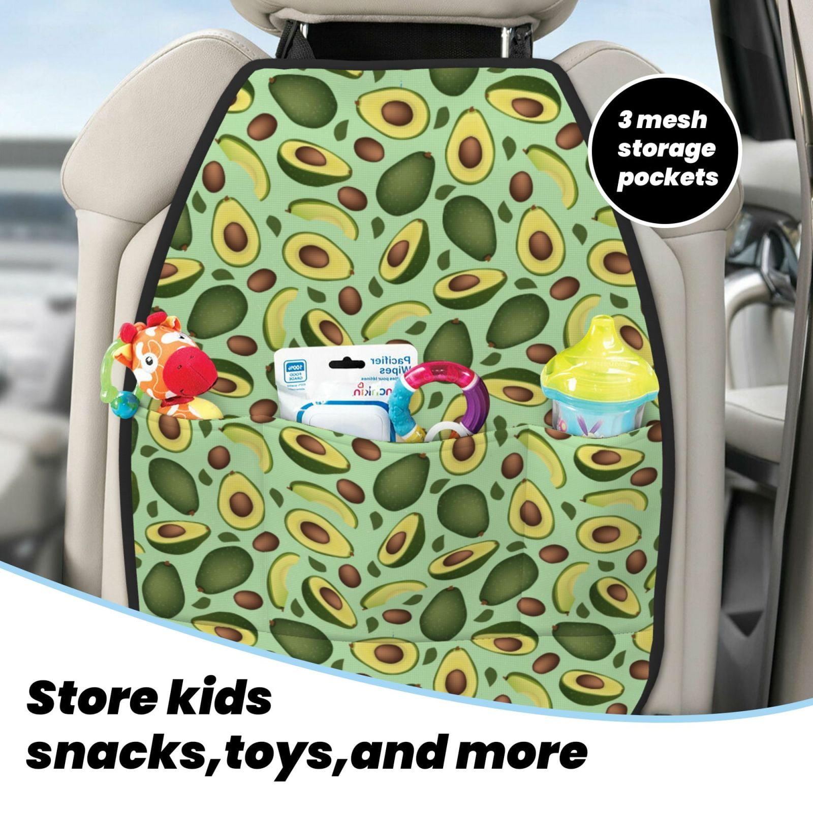Xecao Avocado With Seeds Pattern Car Seat Back Protector 2 Pack Large Capacity Pocket, Kick Mats Back Seat Protector