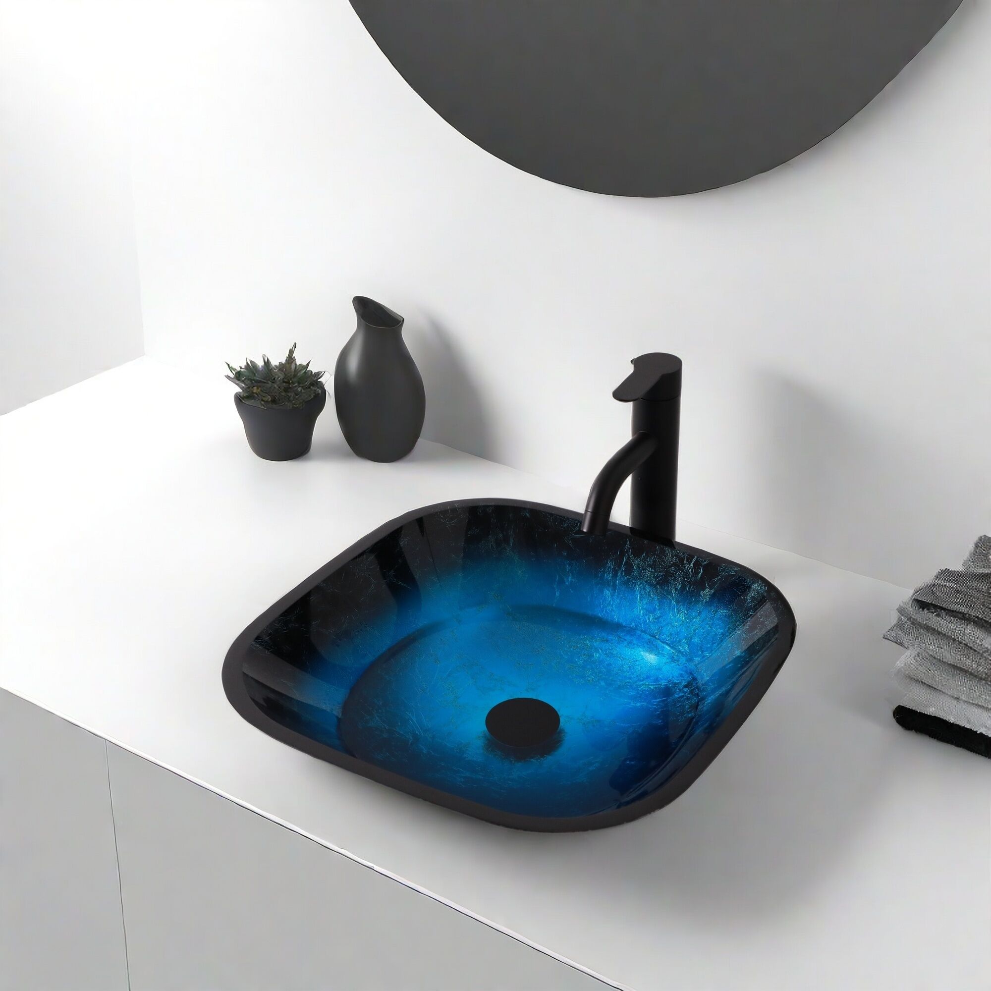 Bathroom Vanity Bathroom Artistic Tempered Glass Vessel Bathroom Sink with Faucet and Pop-up Drain, Blue,Vanity With Sink