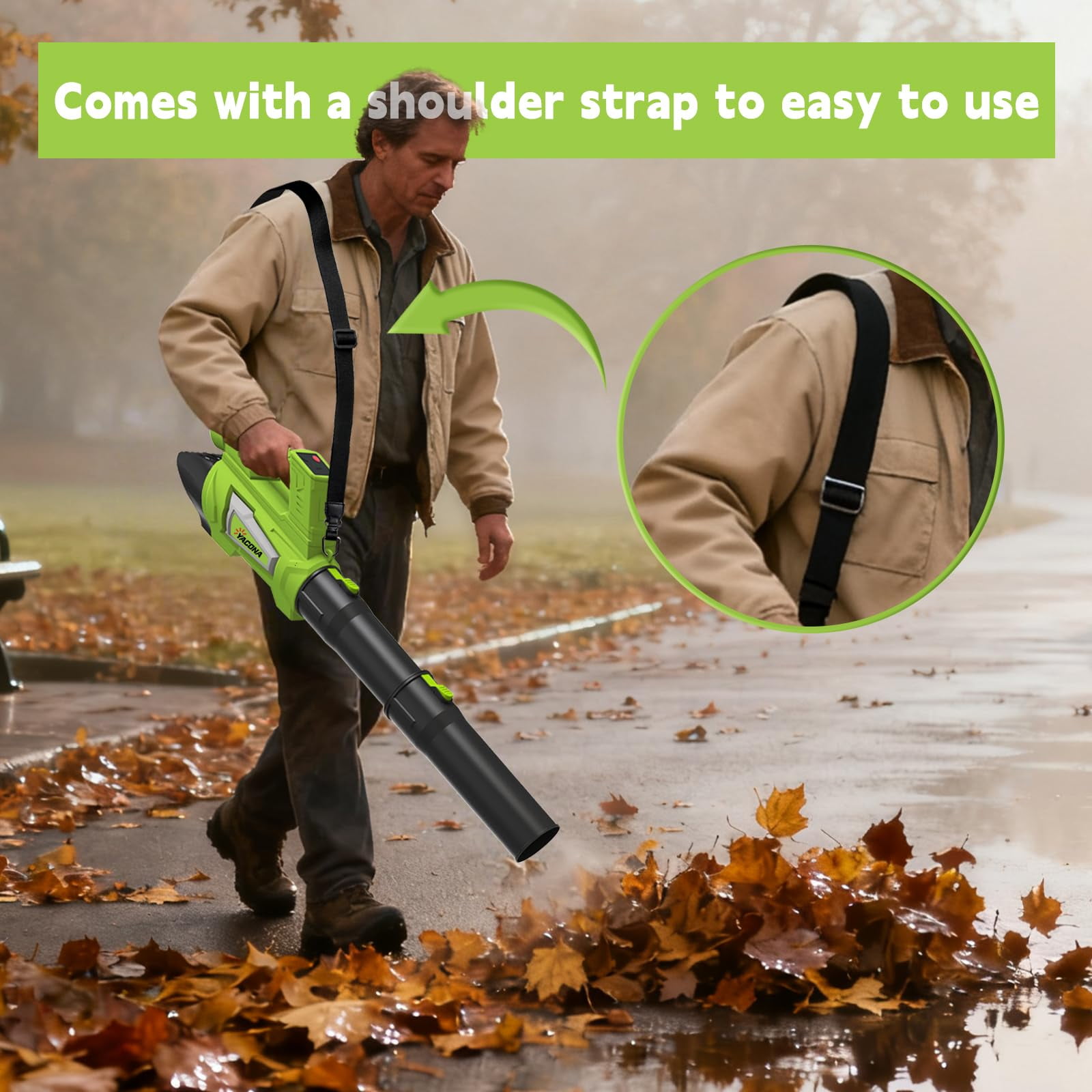 Yacona 21V Leaf Blower Cordless, with 2 x 6.0Ah Battery and Charger, 21V Electric Leaf Blowers with Strap, 6-Speed Powered Leaf Sweeper for Blowing Leaves, Lawn Care, Dust and Snow, Green