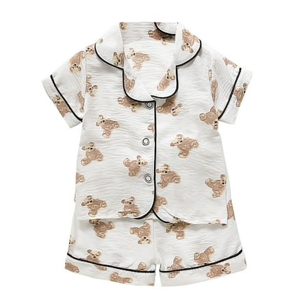 Baby Girl Pajamas Kids Satin Button Down Short Sleeve Animals Tops Shorts Pants Silk Pajamas Set Toddler Pjs White 2 Years-3 Years