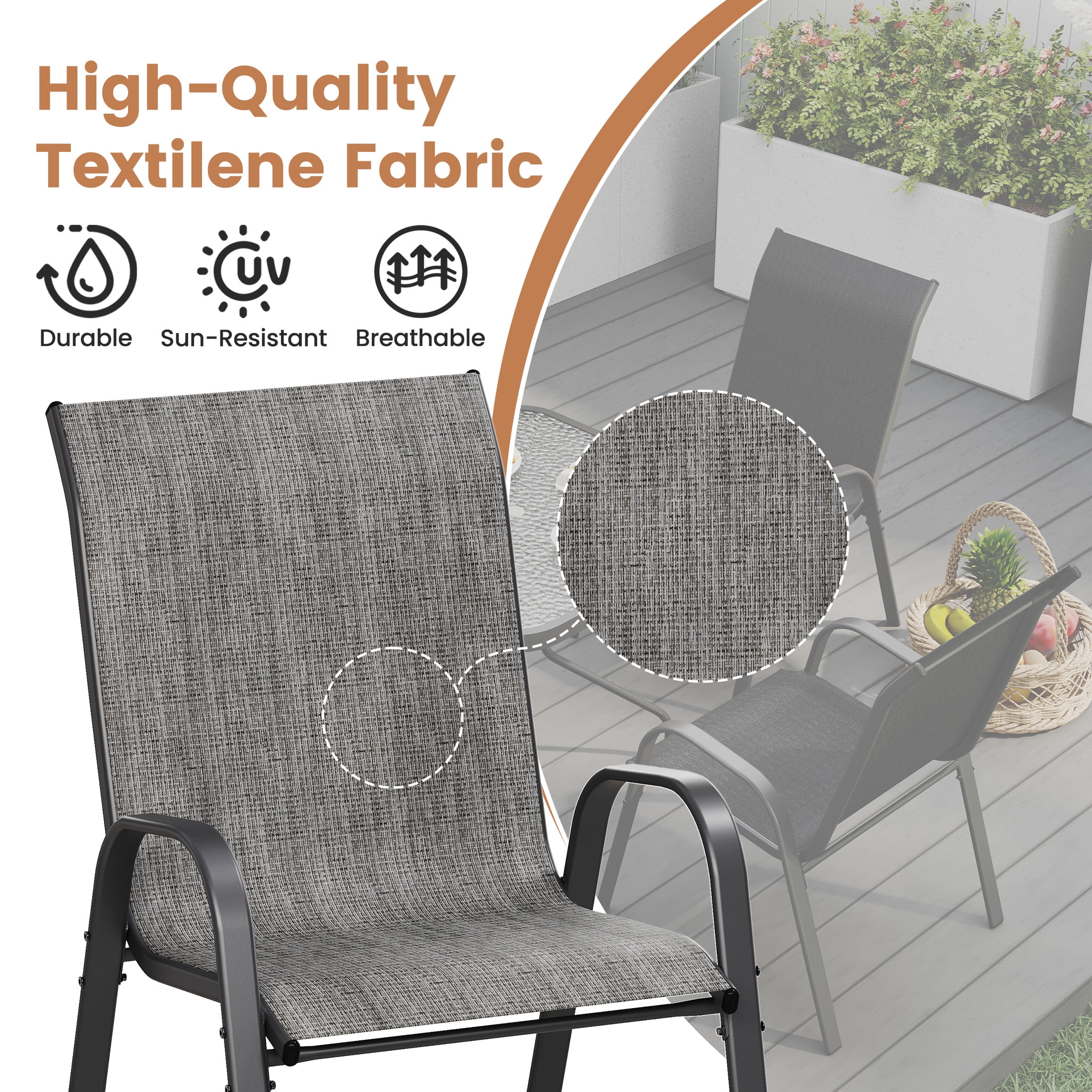 ELPOSUN Outdoor Dining Set of 5, Patio Table and Chairs Set, Textured Glass Tabletop, 4 Stackable Patio Chairs, Patio Furniture, Balcony, Porch, Lawn- Light Grey