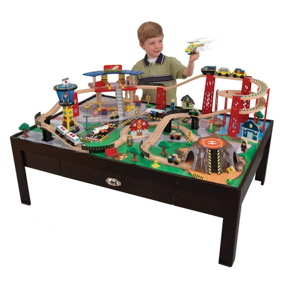 KidKraft Airport Express Espresso Wood Train Table w/ 100-Piece Toy Set | 17976