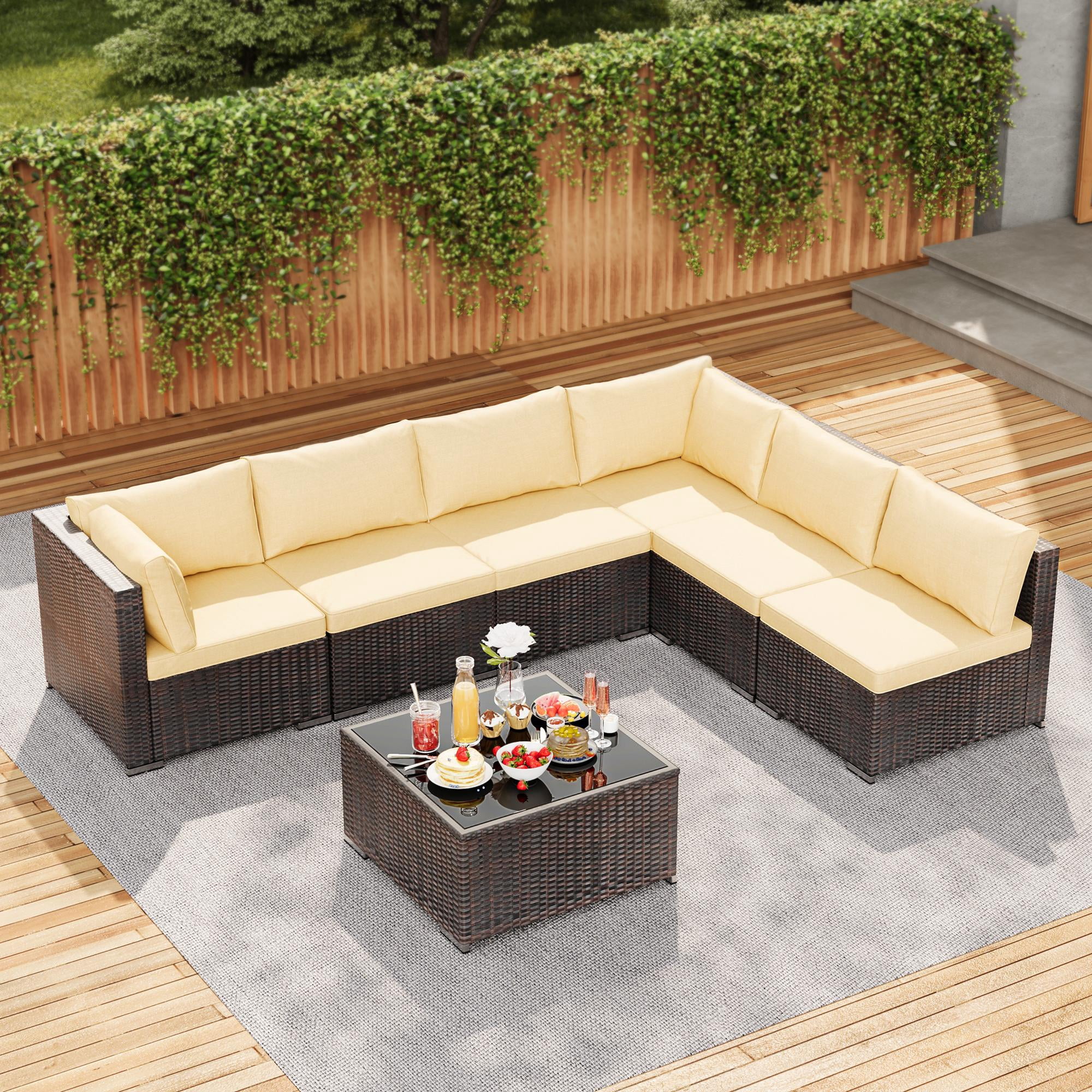 Asofer 7-Piece Outdoor Patio Furniture, Conversation Sectional Set with Cushion , Glass table,for Porch, Poolside, Beige