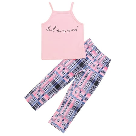 

Sunisery 2PCS Toddler Infant Baby Girls Halter Letter Print Cami Solid Color Tops Plaid Pants Sets Pink 3-4 Years