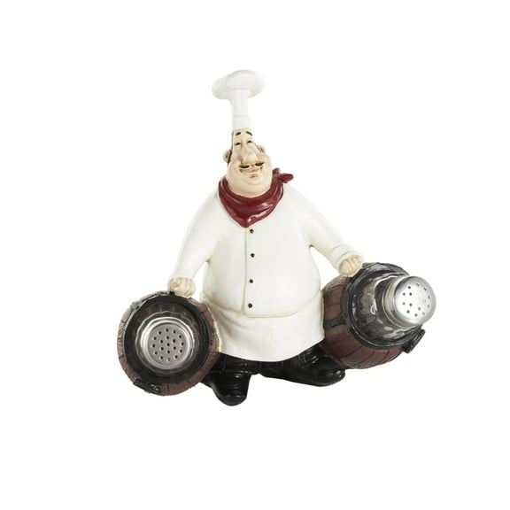 Chef 8.0" Polystone Figurine Salt and Pepper Shaker Holder with Wood Barrel Accents, by DecMode