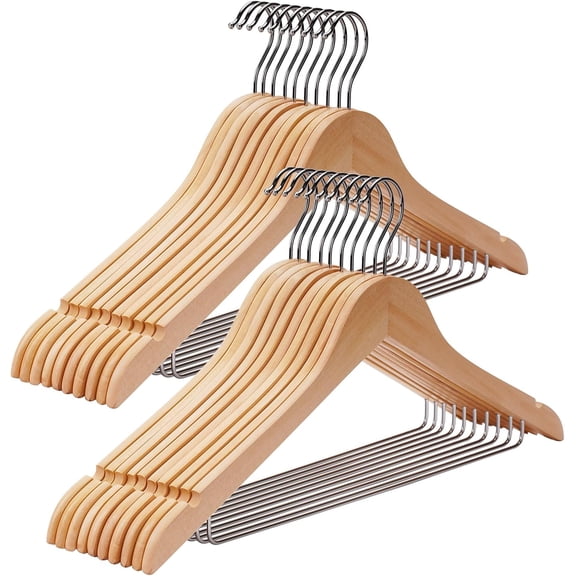 Wooden Hangers 30 Pack,Wood Hanger with Iron Pants Bar, Heavy Duty Coat Hanger, with 360-degree Hook，Smooth Finish Wooden Clothes Hangers, Sturdy Clothes Hangers for Suit Coat Jacket Pants Natural