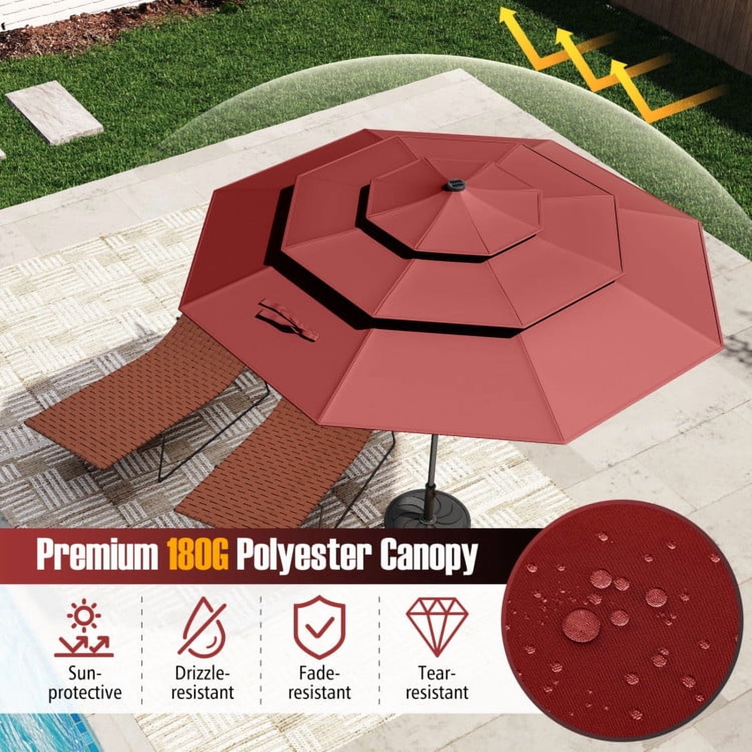 YYAo Outdoor Garden Umbrella,Market Umbrella,10 Feet Solar Patio Umbrella with 32 LED Lights 3-Tier Vented Top-Wine