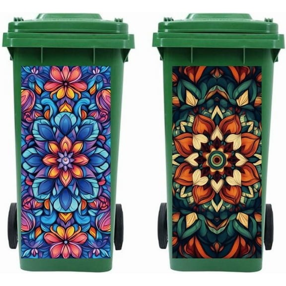 Wheelie Bin Stickers 2 Sheets Mandala Pattern Floral Sticky Dustbin Stickers Decals 15in x 32in Waterproof Self Adhesive Large Decal for Trash Cans Bins Driveway Garden Outdoor Indoor