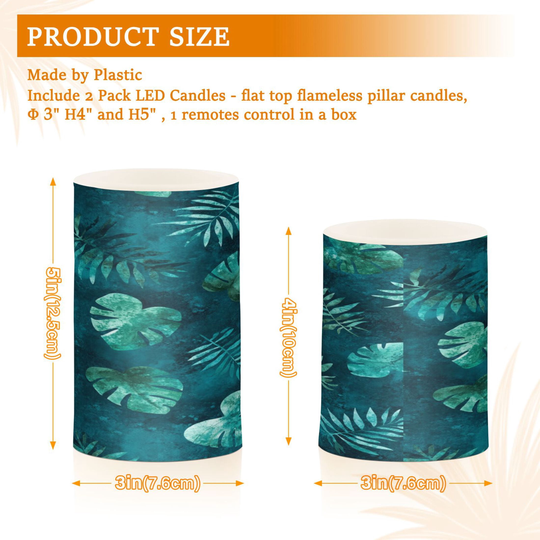 Teal Tropical Leaf Pattern Set of 2 Flameless LED Candles Remote and Timer Indoor Outdoor