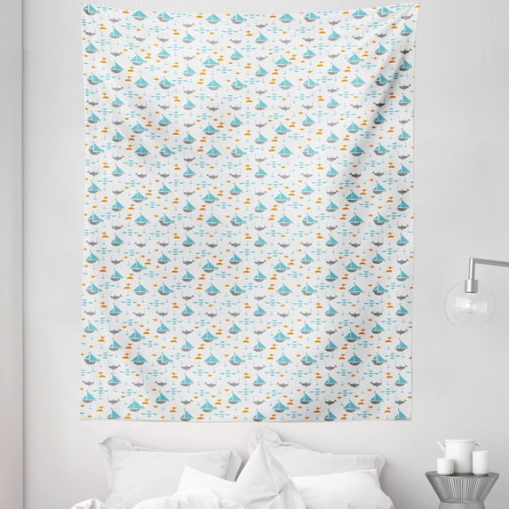 Orange Blue Tapestry, Theme Sailboats Seagulls and Fishes Pattern, Fabric Wall Hanging Decor for Bedroom Living Room Dorm, 5 Sizes, Multicolor, by Ambesonne