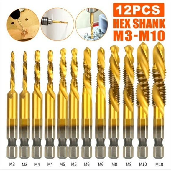 Impact Driver Bits 12PCS Metric Thread M3 M4 M5 M6 M8 M10 Screw Tapping Tools 1/4" Hex Shank Titanium Plated HSS 12x4341 Titanium Plating Long