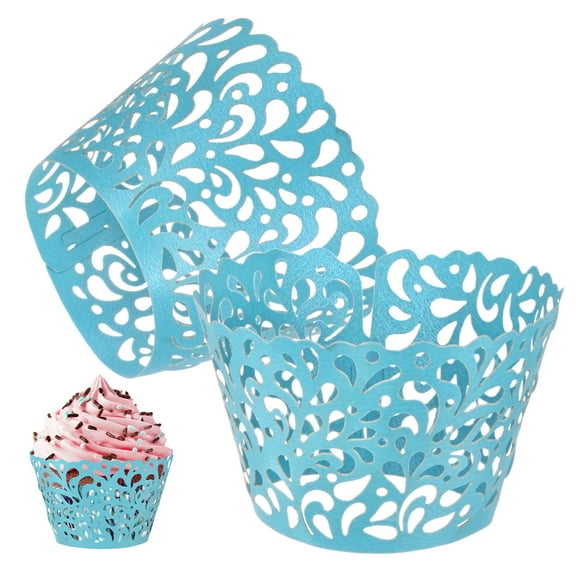 Uxcell 50-Pack Cupcake Wrappers, Pearlescent Art paper, Water Drop Lace Hollow Out Cupcake Liners for Wedding/Birthday Party Decoration[Sky Blue]