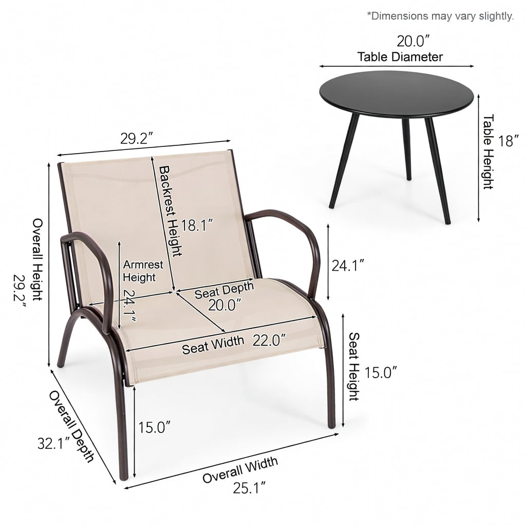 Hommoo 3-Piece Outdoor Patio Set, 2 Wide-Arm Aluminum Metal Chairs + Coffee Table, Brown
