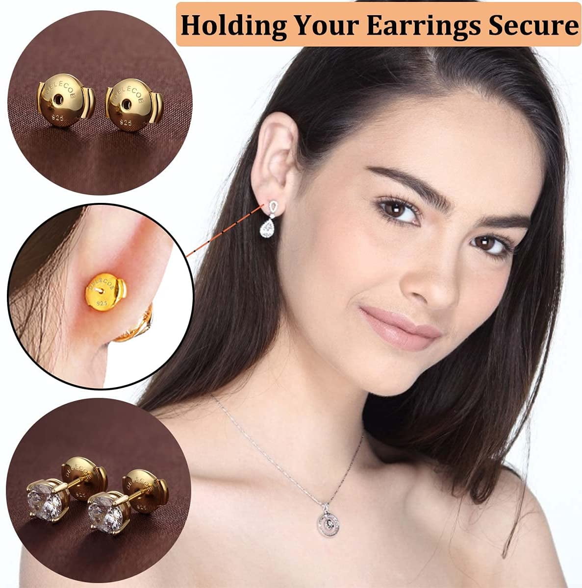  2-Pair Locking Earring Backs For Diamond Studs,925 Sterling  Silver Earring Backs For Studs Secure,14K Plated White Gold Earring Backs  Can Safely Hypoallergenic Earring Backs