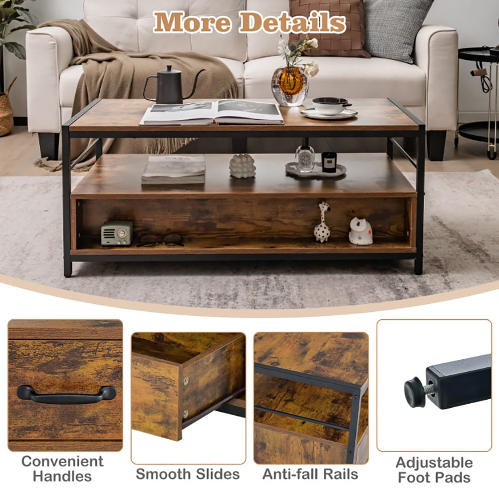 Finihen Rectangular Coffee Table, Coffee Table with 2 Drawers and Open Shelf, for Living Room, Reception Room, Office, Rustic Brown Finihen Rectangular Coffee Table, Coffee Table with 2 Drawers and Open Shelf, for Living Room, Reception Room, Office, Rustic Brown