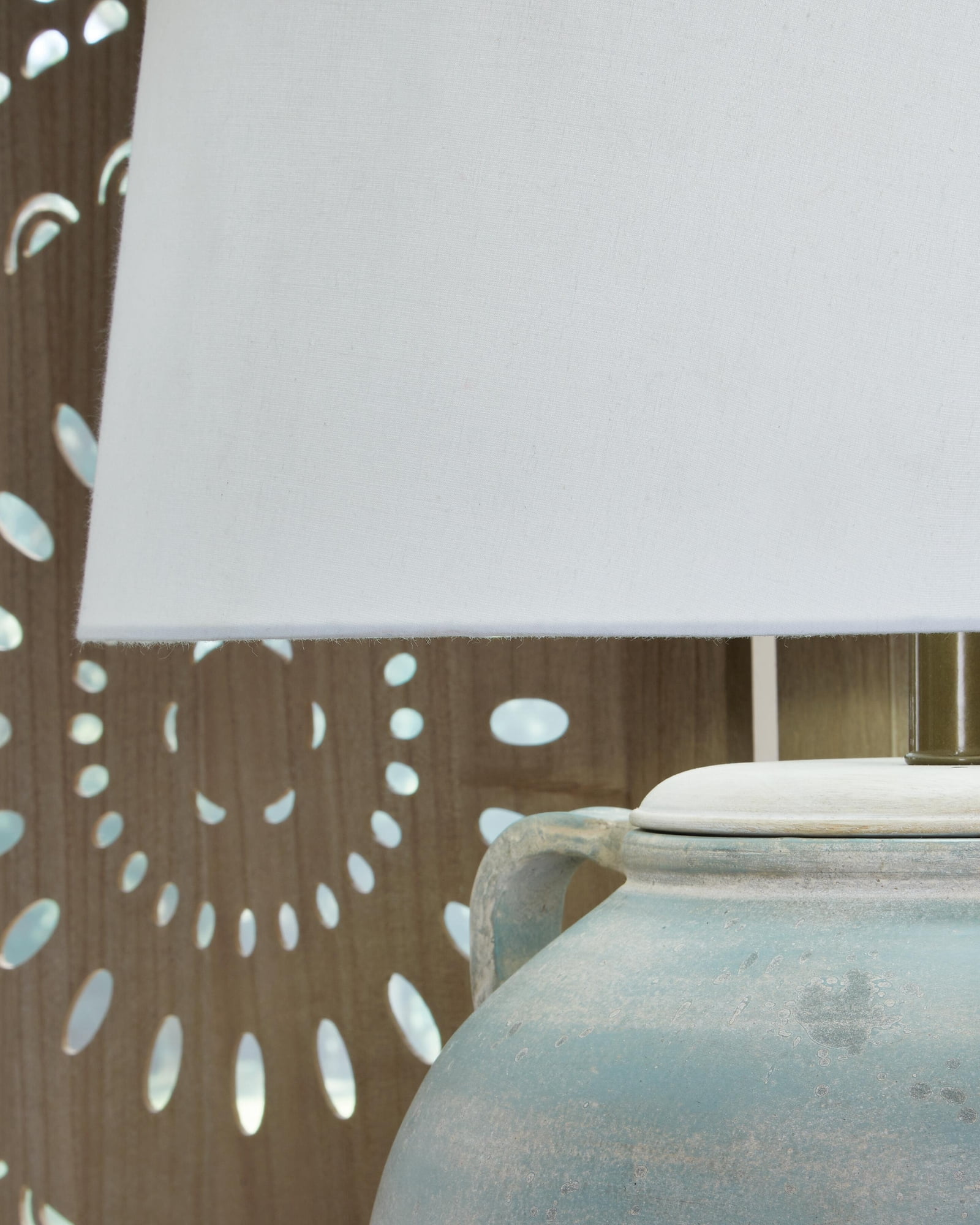Signature Design by Ashley Shawburg Terracotta Table Lamp, Antique Green Finish, 28.5" Height, Modified Drum Shade