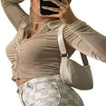 thumbnail image 2 of PENGXIANG Women Close-fitting Blouse Solid Color Turn-down Collar Long Sleeve Crop Tops, 2 of 5