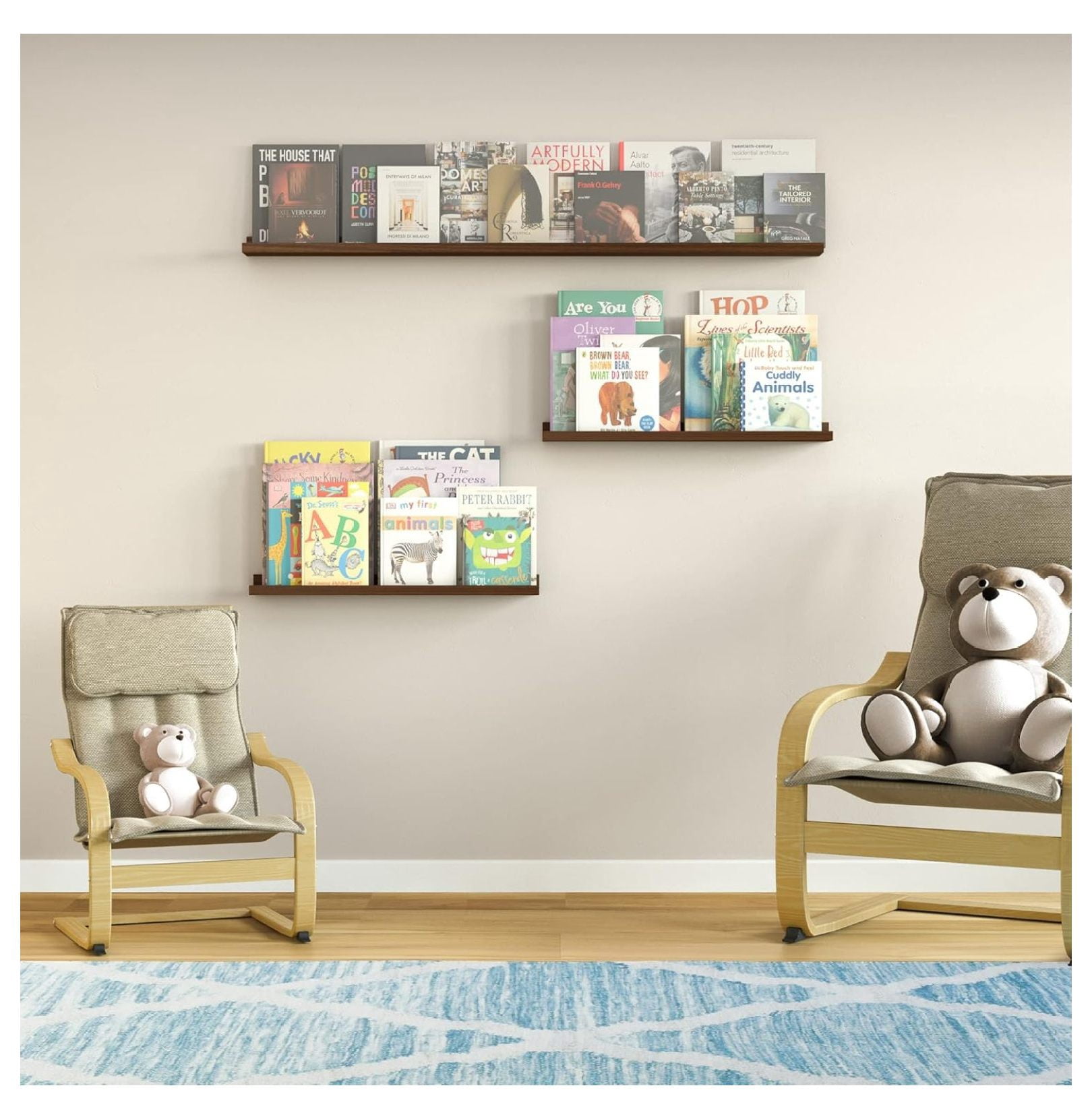 Floating Shelves Set of 3, Picture Ledge for Wall Decor - Walnut - Living Room, Bedroom, Office - Book Display, Multi Size