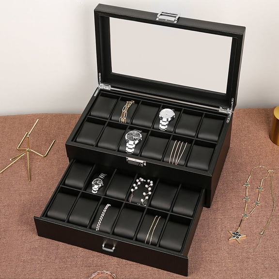 Miumaeov Jewelry Watch Display Box 24 Slots 2-layer Mens Case Glass Top Organizer Gift