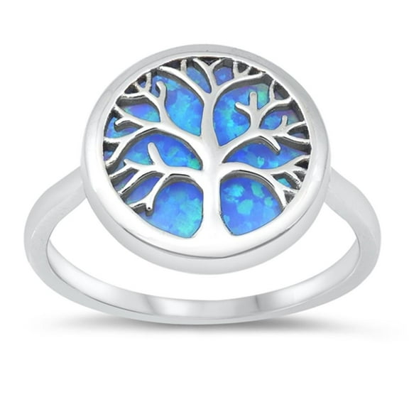 Blue Simulated Opal Tree of Life Ring .925 Sterling Silver Band Cubic Zirconia Jewelry Female Size 5