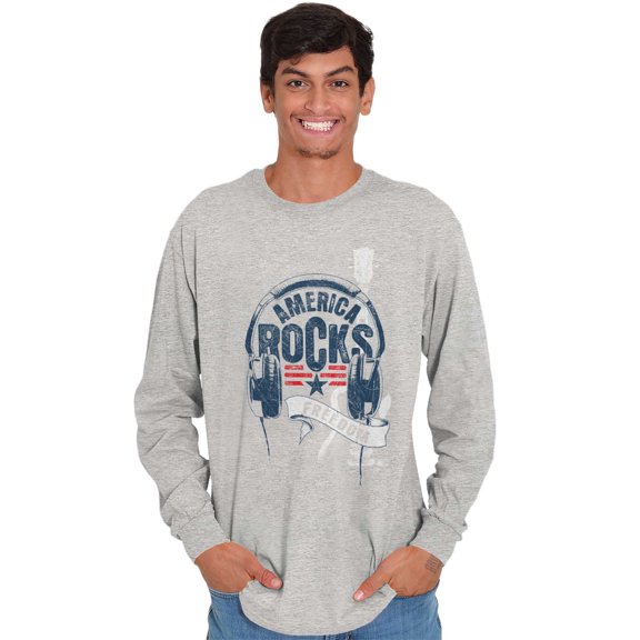 America Rocks Patriotic Headphones Plus Size Long Sleeve Graphic Tee Shirt Brisco Brands 2X