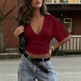 thumbnail image 7 of ZZkhGO Women's Crop Tops Ruched V Neck Short Sleeve Solid Casual Fashion Summer Slim Tops, Wine L, 7 of 7