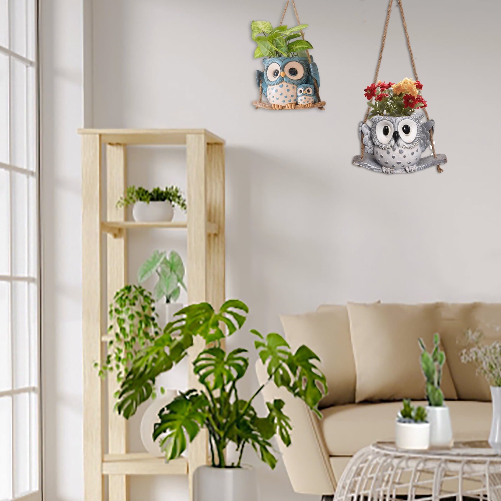 Quoowiit 4.72" H Owl Hanging Planter, Round Resin Succulent Pot with Drainage Holes, Animal Print Indoor Outdoor Decor