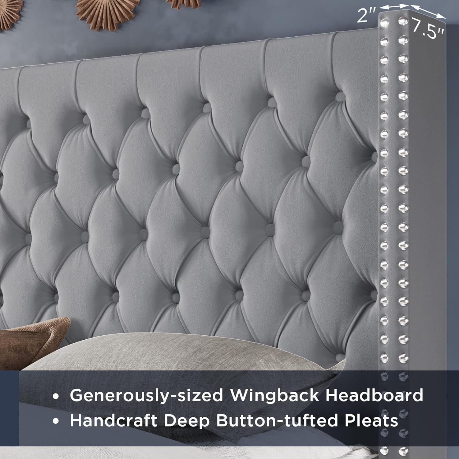 Merluxy King Bed Frame with Deep Button Tufting and 61.4" Tall Headbord,Velvet Upholstered,Grey