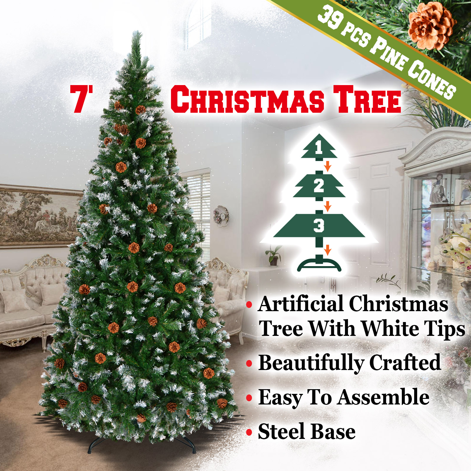Sunrise 5' 6' 7' 7.5' Snow Tipped Christmas Tree with Pine Cones and Steel Stand -Unlit (7' with 1003 Tips and 39 pinecones)