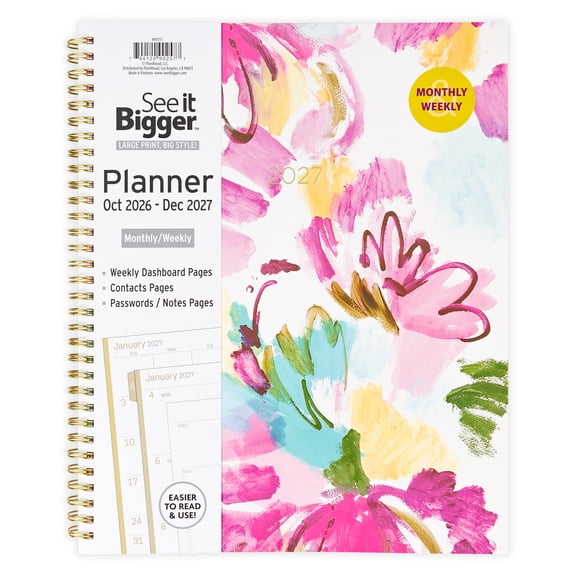 See It Bigger Monthly Weekly Planner, Large (9" x 11"), Floral, 15-Month: October 2026 - December 2027