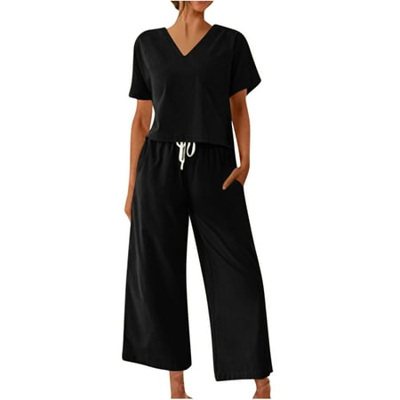 

YYDGH Women s Cotton Linen Lounge Set V Neck Short Sleeve Top Pajamas Drawstring Wide Leg Pants Loungewear Outfits Pocket Black M