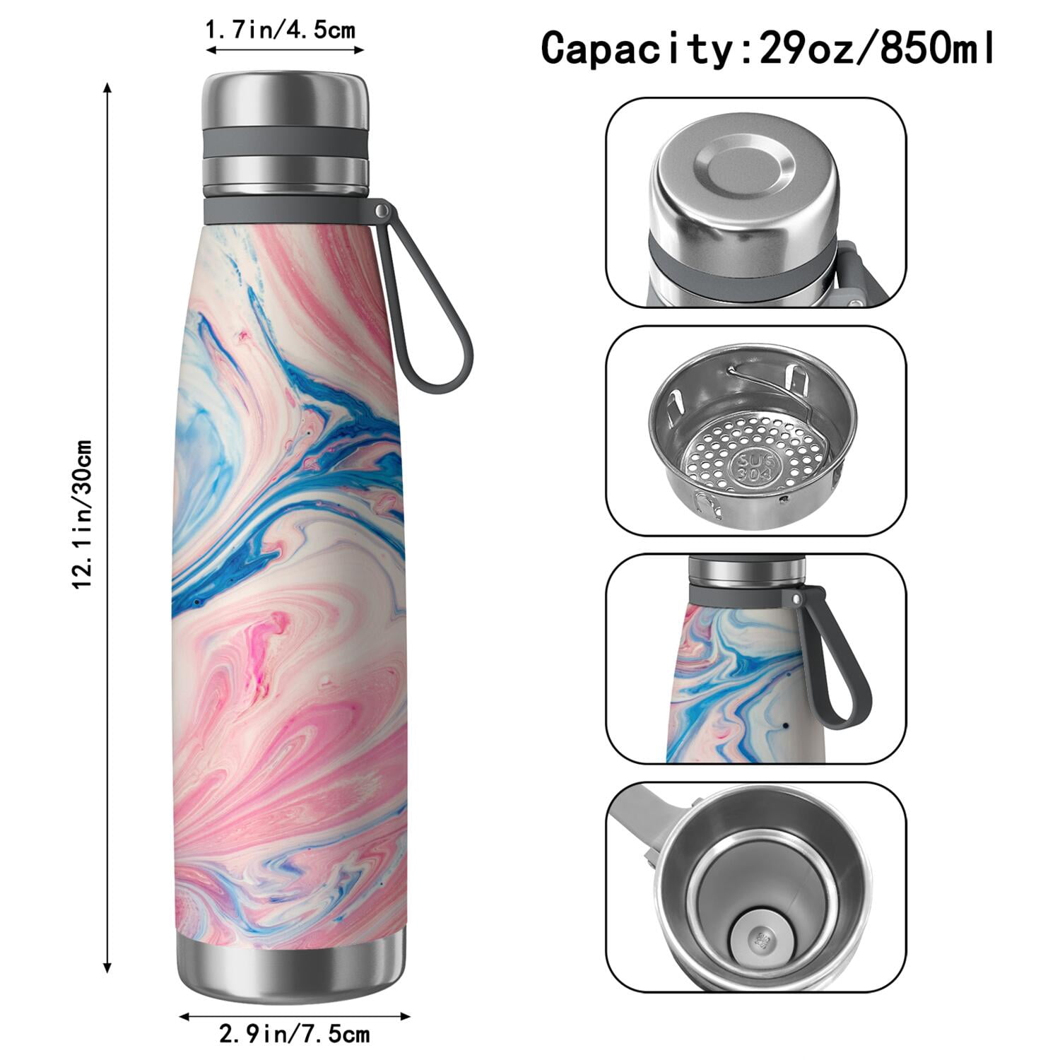29oz Insulated Water Bottle with Tea Infuser, Stainless Steel Travel Mug, Liquid & Marble Print