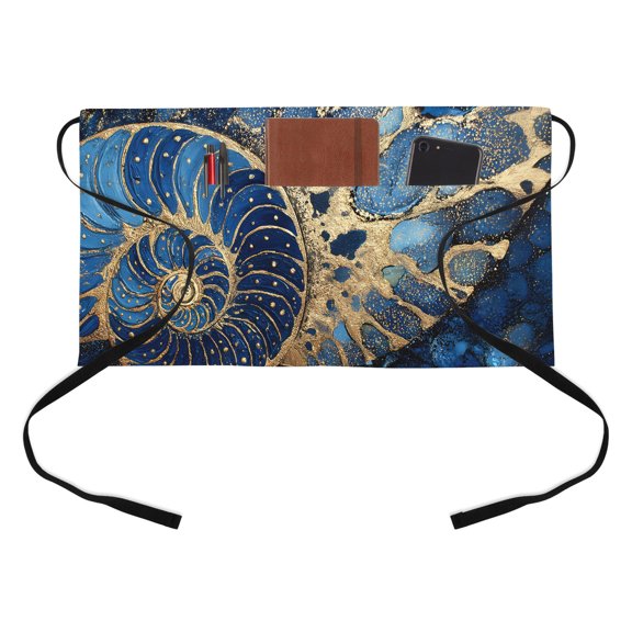 Luxury Seashell Kitchen Restaurant Half Waist Apron, Ocean Blue Gold Abstract Modern Liquid Art Server Short Apron with 3 Pockets Waterproof Oil Waist Aprons for Women Waitress Waiter