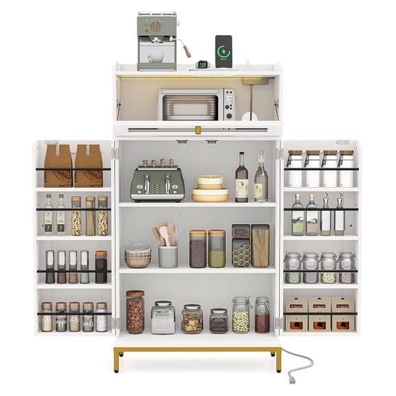 Kitchen Pantry Cabinet, Freestanding Food Storage Cupboard with Power Outlet & APP Control , Modern Buffet Sideboard with Acrylic Door & Shelves for Dining Room, White and