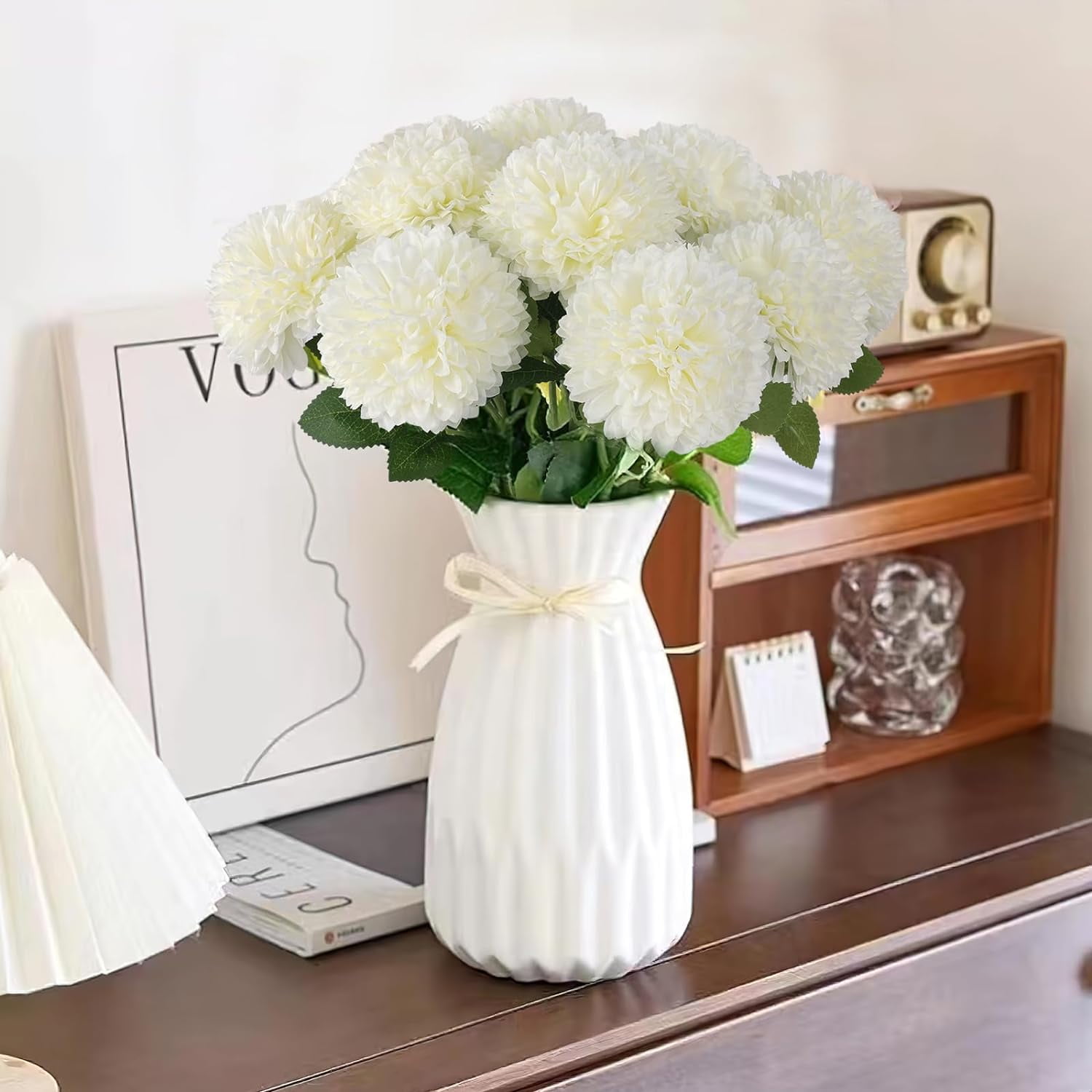 Artificial Chrysanthemums Flowers Ball Flowers White Flowers Bulk, Fake Mums Flowers Silk Plants for Home Decor Indoor Floral Arrangement Table Centerpiece (, White)